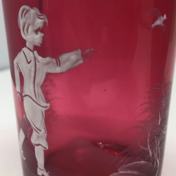 Mary Gregory Cranberry Glass Tumble Up Vintage Boy w/Bird Carafe & Tumbler Set - Picture 11 of 12